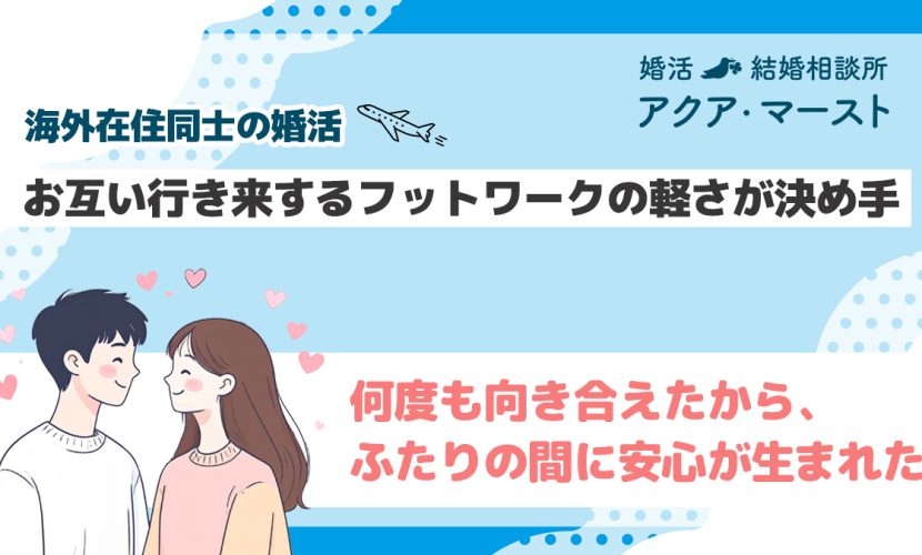 「海外在住同士の婚活で成婚したカップルのアイキャッチ画像。飛行機のイラストと向き合う男女のイラストを背景に、タイトル『海外在住同士の婚活！お互い行き来するフットワークの軽さが決め手』、サブコピー『何度も向き合えたから、ふたりの間に安心が生まれた』というテキストが掲載されている。」