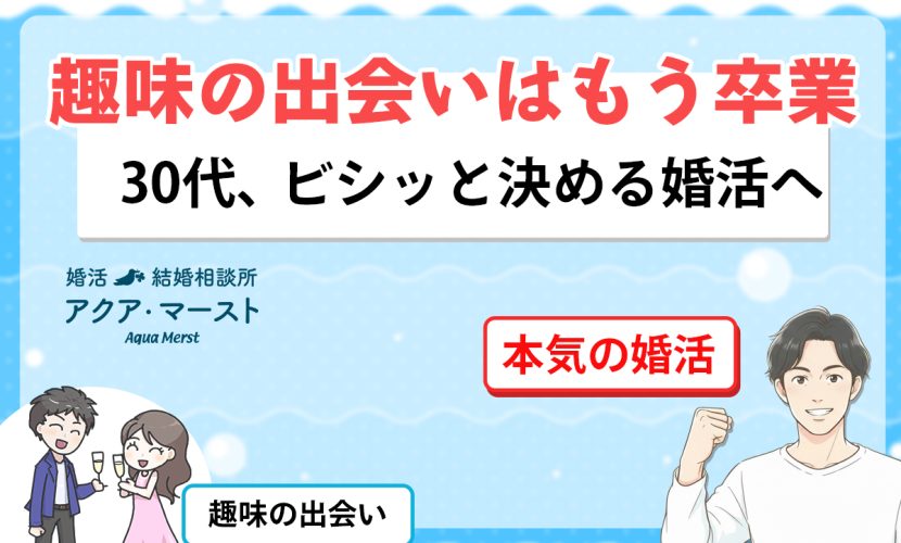 趣味の出会いはもう卒業。30代、ビシッと決める婚活へ」というメッセージが大きく配置された婚活ブログのアイキャッチ画像。左下には楽しそうに乾杯する男女のイラスト、右側にはガッツポーズをする30代男性のアニメ風イラストが描かれ、趣味の出会いから本気の婚活へ進むイメージを表現している